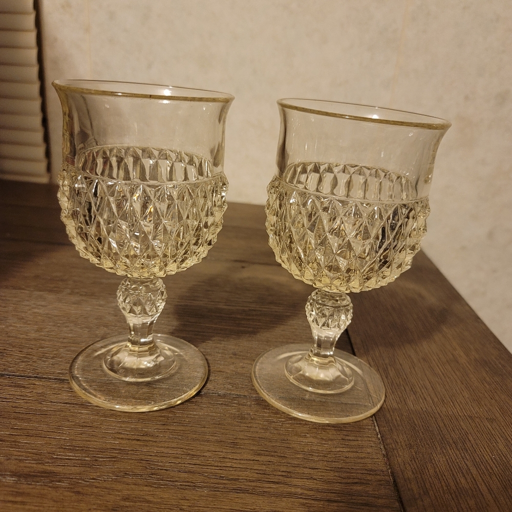 2 Vintage Diamond Point Clear Wine Glasses - Goblets